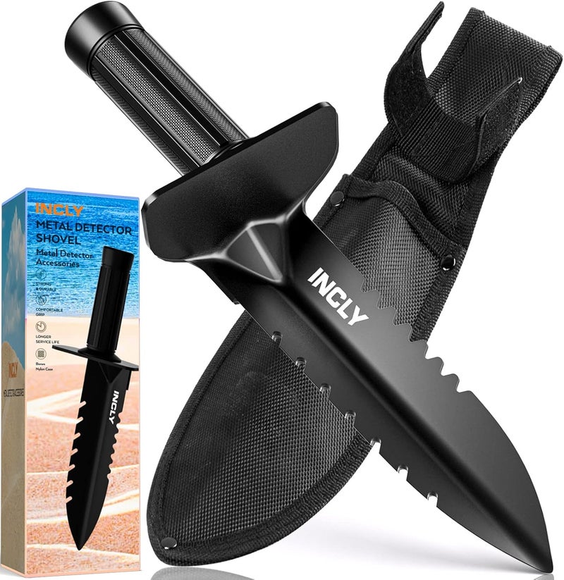 INCLY Metal Detector Shovel, Heavy Duty Double Serrated Edge Digger, Detecting Digging Tool with Sheath for Belt Mount, Gardening & Detecting Accessories for Metal Detection Digging Weeding Planting - Image 1